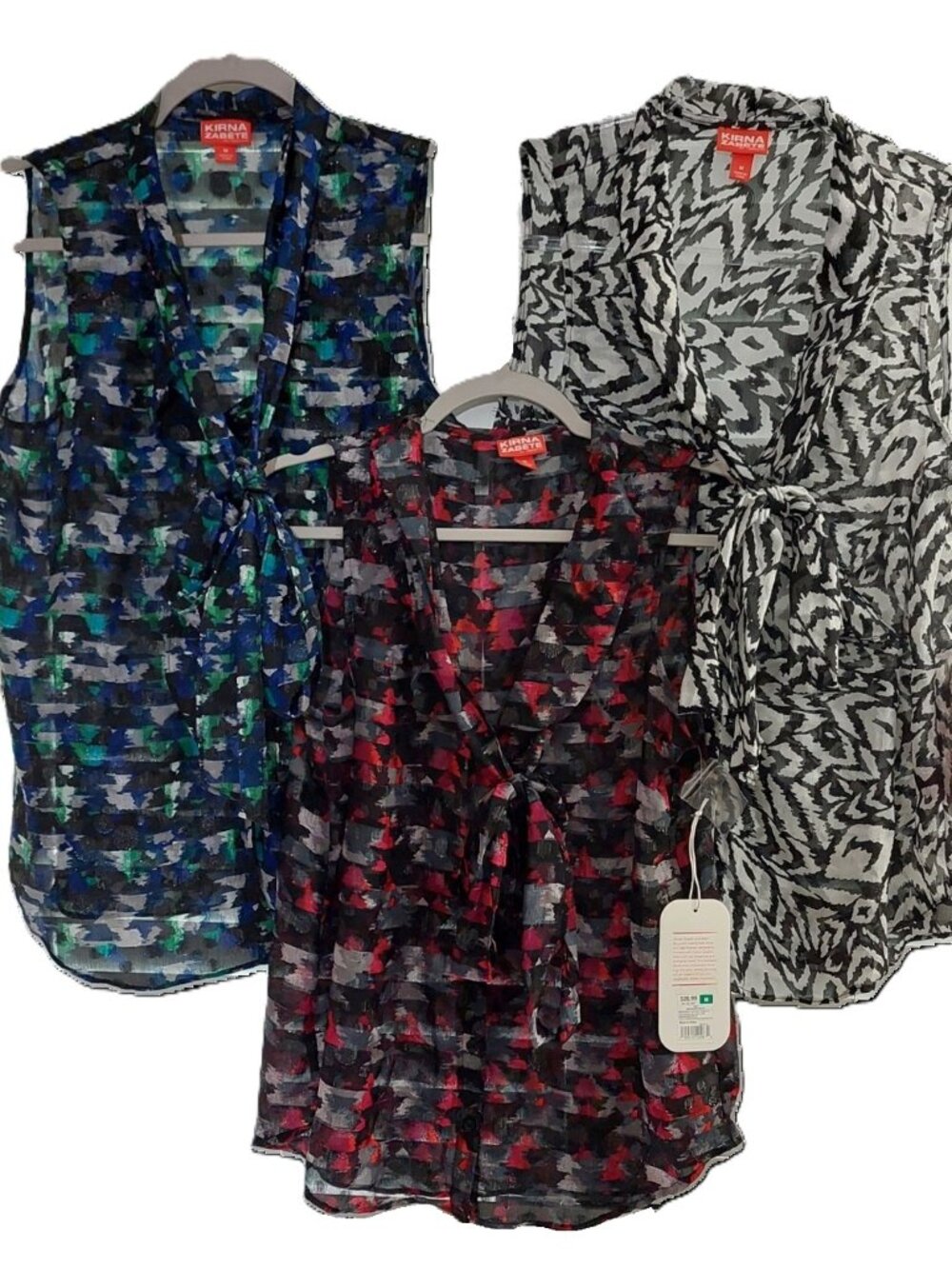 3 Metallic Tops Kirna Zabete Button Up Tie Neck Sleeveless Blouses Bundle M